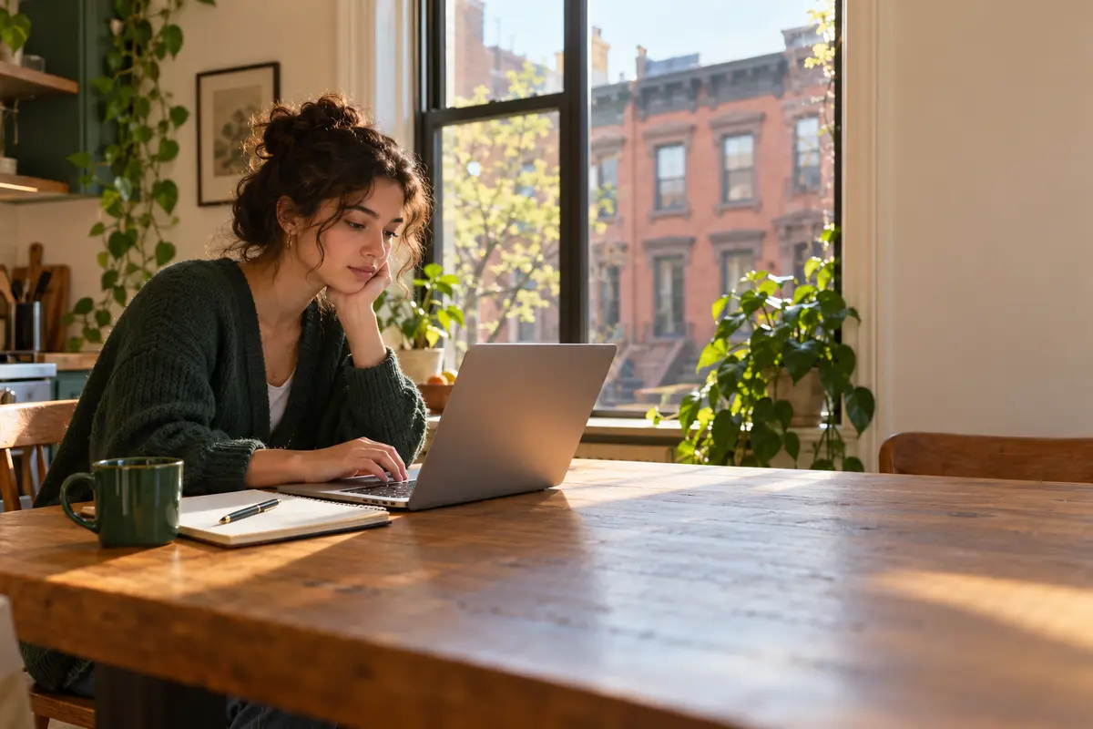 Student studying for the New York 5-hour pre-licensing course at a kitchen table in Brooklyn